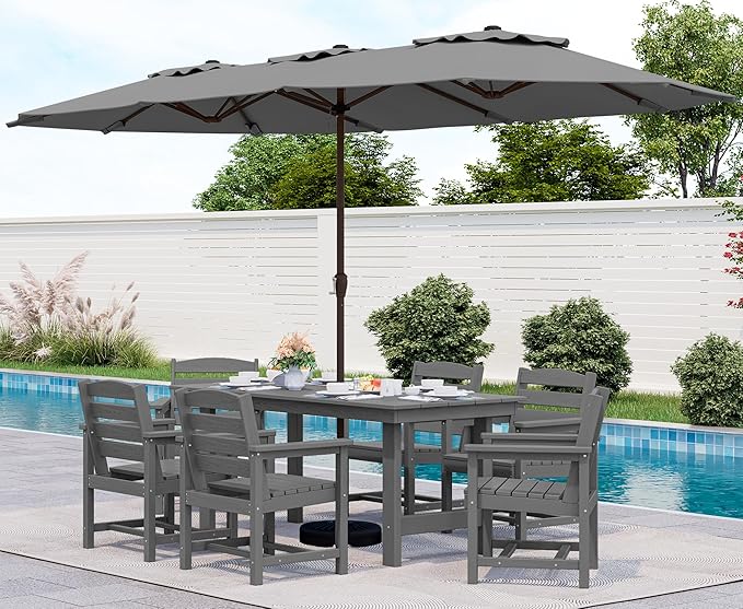 SERWALL 8-Piece Patio Dining Sets with 15FT Double Side Patio Umbrella, Outdoor HDPE Dining Furniture Set with Umbrella Hole Cut-Out Table and 6 Chairs, Gray（Umbreall Base not Included） SERWALL