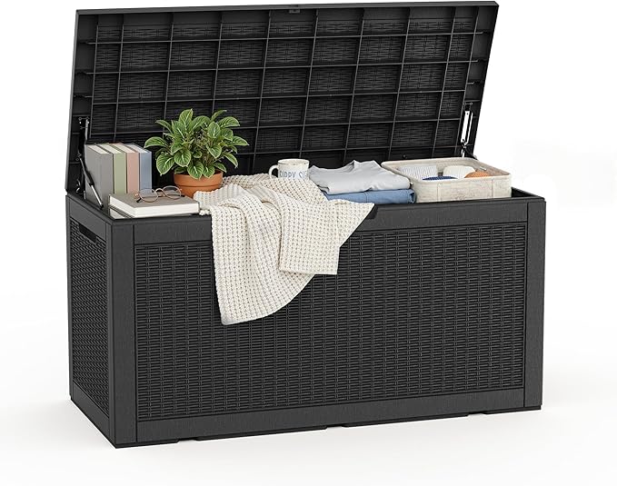 ROJIK Outdoor Storage Housing Deck Box - Waterproof Patio Furniture, Garden Tools, Cushions, Pool Accessories Storage Bench with Lockable Lid and Side Handles (Black 110 Gal) ROJIK