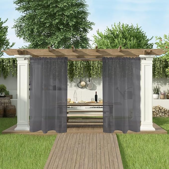 SpaceDresser Waterproof Outdoor Sheer Curtains for Patio - 4 Panels Rod Pocket Indoor Voile Sheer Curtain for Living Room,52W x 84L inch, Grey SpaceDresser