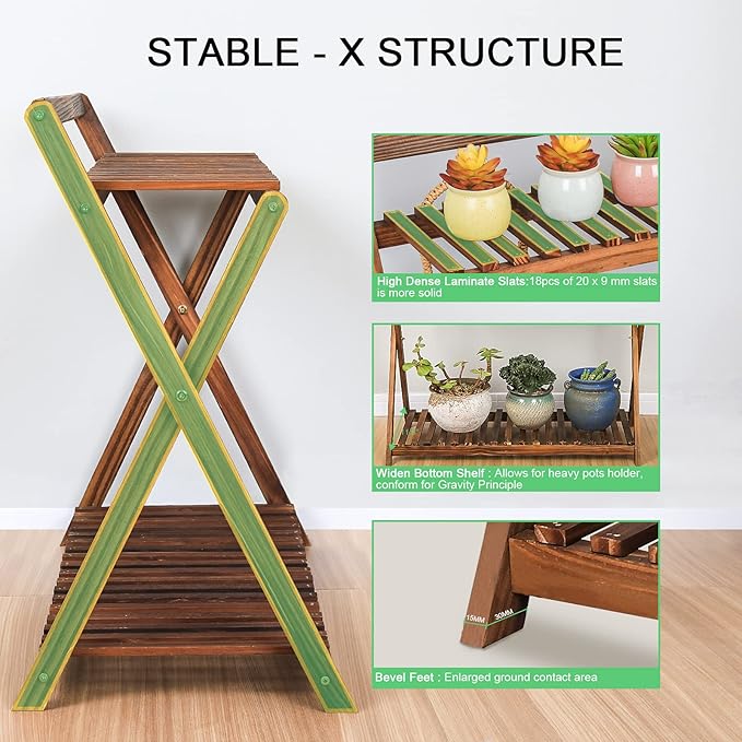Indoor Plant Stand for Multiple Plants 2 Tier Wood Corner Plant Shelf Rack with Planter Hanger Outdoor Flower Pot Stand Holder for Yard Patio Garden Balcony Porch Living Room ( Rustic X-Cross) TOVACU