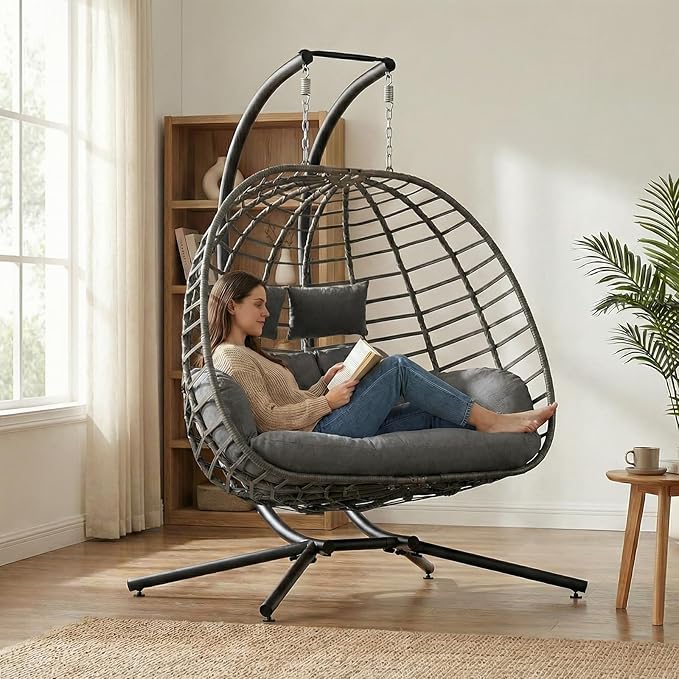 SWITTE Double Egg Swing Chair with Stand, Outdoor Patio 2 Person Hanging Wicker Hammock Chairs with Cushion for Indoor Bedroom, Lawn, Garden-Dark Grey SWITTE