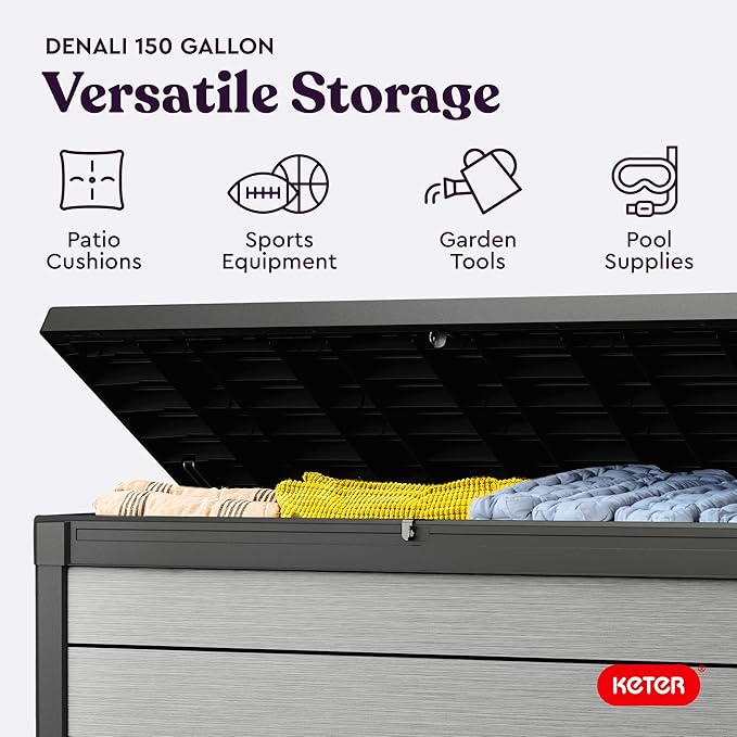 Keter Denali 150 Gallon Resin Large Deck Box with Double Wall 20mm Panels - Paintable and Drillable-Organization and Storage for Patio Furniture and Outdoor Items, Grey & Black Keter