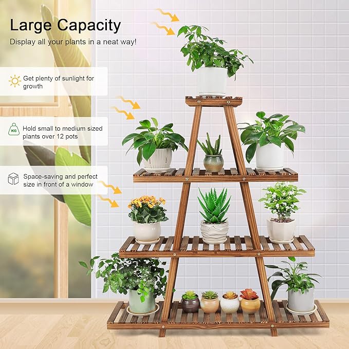 Ufine 4 Tier Wood Plant Stand Indoor Outdoor A Frame Plant Display Shelf for Multiple Plants Flower Pot Holder Rack, Living Room Balcony Patio Ufine