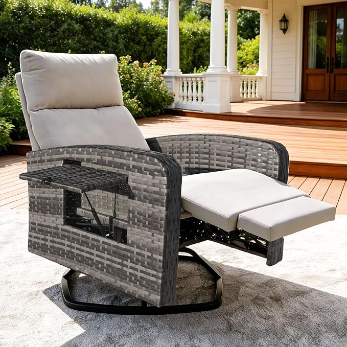 Outdoor Recliner Chair, Wicker Patio Recliners with Adjustable Backrest and Extended Foot Rest, Reclining Patio Chairs with Flip Table & Removable Cushion Cover for Porch zzw