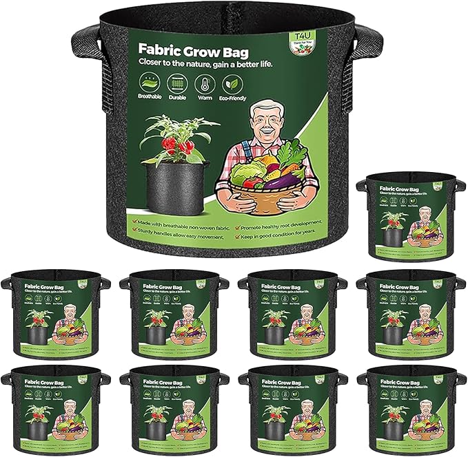 T4U 3 Gallon Grow Bags, Upgrade Grow Bags with Handles, Heavy Duty Thickened Nonwoven Fabric Pots, 3 Gallon Pots for Plants, Rosemary, Chamomile, Onion (10 Pack) T4U