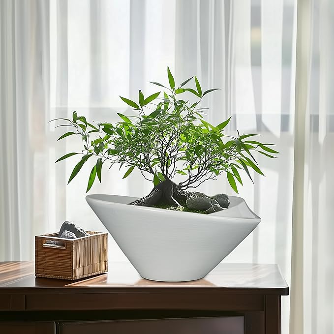 Bonsai Pots 13 Inch - Ceramic Succulent Pots with Drainage Hole Decorative Plant Pot Indoor Large Outdoor Planter Modern Flower Pot for Home Garden Office Room Decor Gray Teagas