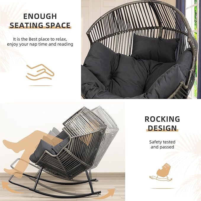 Vongrasig Wicker Egg Chair PE Rattan Rocking Chair with Cushion, Oversized Patio Lounge Rocker Chair for Outdoor, Indoor, Balcony, Backyard, Garden, Black/Rattan Vongrasig