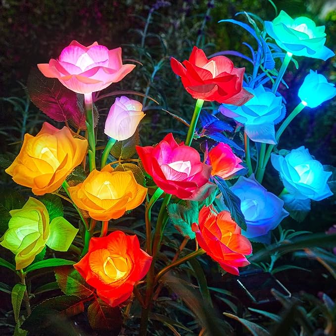 RECHOO Solar Garden Lights Outdoor Decorative, 3 Pack Solar Flower Lights with 15 Rose Flowers, Multi-Color Changing LED Waterproof Garden Decor for Landscape Pathway, Mother's Day Gifts for Women RECHOO