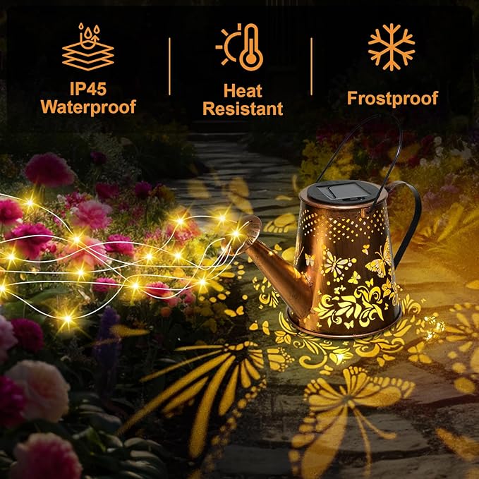 Fohil Solar Watering Can with Lights, Retro Metal Solar Garden Lights Outdoor, Waterproof Hanging Solar Powered Lantern Garden Decorations for Porch Lawn Driveway Backyard Pathway Fohil