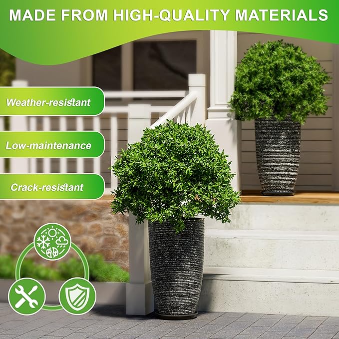 QCQHDU Large Tall Dark Gray Planters Set of 2-9 Gallon 12" Round Outdoor Planters for Front Door & Patio, Faux Stone Indoor Plant Pots with Tray, Porch Decor Plant Containers QCQHDU
