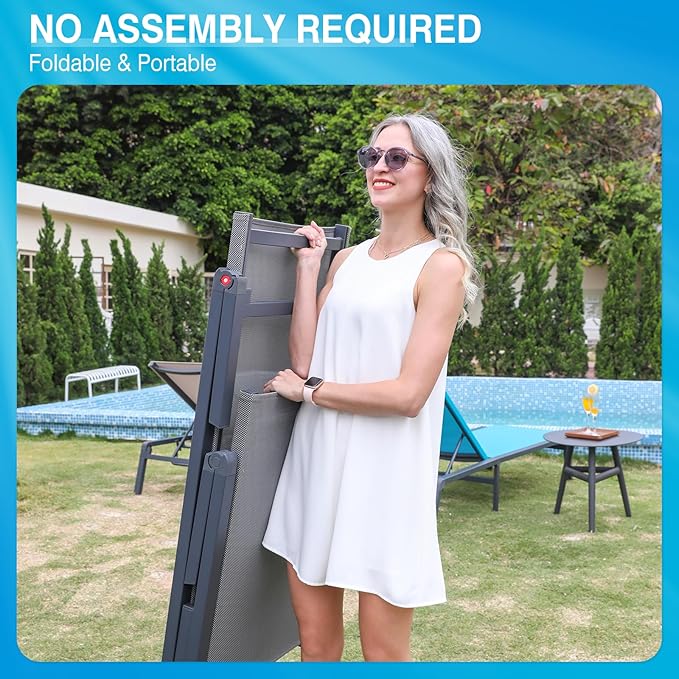 Aluminum Chaise Lounge Chair Outdoor, Foldable Patio Lounge Chair 2 Sets Assemble-Free, Pool Lounge Chairs with 5 Adjustable Backrest, Outdoor Lounge Chairs for Outside Poolside Beach Lawn Blue Rootora