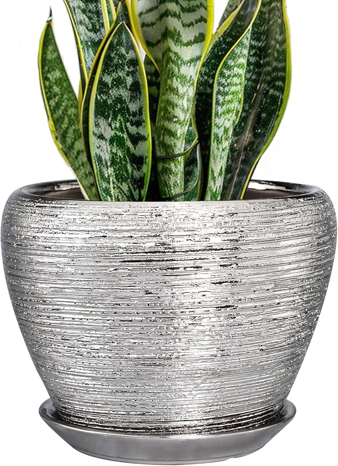 Pot for Plants 8 Inch - Ceramic Plant Pot Indoor with Drainage Hole and Saucer Decorative Planter for Indoor Plants Modern Round Flower Pot for Home Decor Silver Ceramicfor
