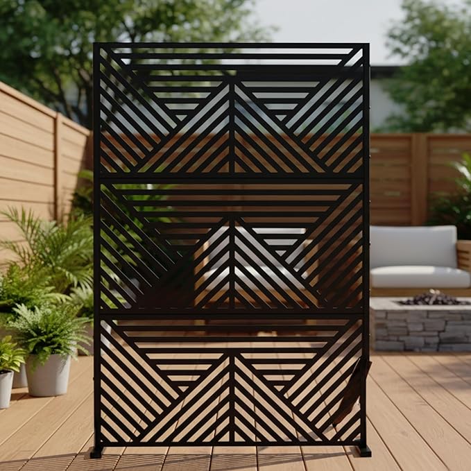 Casaphoria Metal Privacy Screen Outdoor, 72" H x 47" W Freestanding Decorative Privacy Screen for Patio Deck Balcony Garden with Stable Base, Black Zodiac Casaphoria