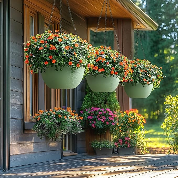 T4U 12 Inch Hanging Planters for Indoor Outdoor Plants, 2 Pack Plastic Hanging Planter, Indoor Hanging Plant Pots, Hanging Basket with Drainage Holes, Flower Pots for Garden Home Decor, Green T4U