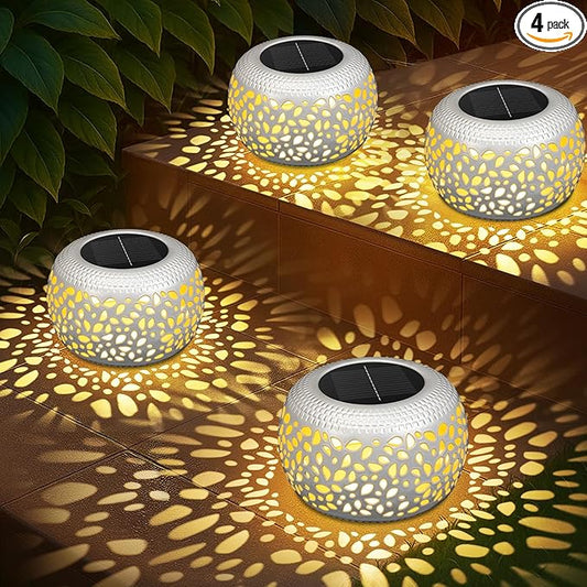 Solar Lanterns Outdoor Waterproof: 4 Pack White Hollow Out Metal Solar Lights - 2 Lighting Colors Outside Patio Garden Yard Porch Indoor Tabletop Decorations - Unique Gifts for Women Mom Wife NFEVER