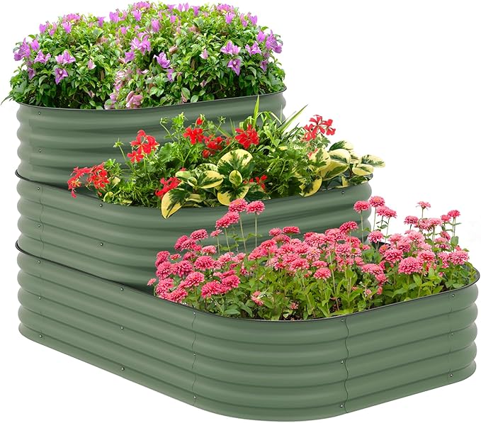 Outsunny 3-Tier Galvanized Steel Raised Garden Bed Kit, 62.25" x 43" x 32.25", 3 Combining Planter Boxes with Rubber Strip Edging, Open Bottom for Backyard, Garden, Patio, Green Outsunny