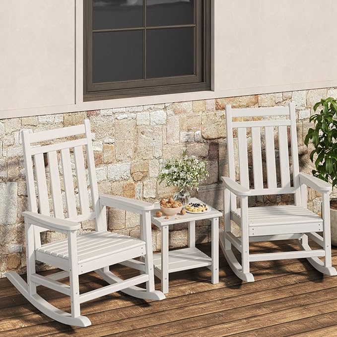 HDPE Rocking Chair Outdoor Set of 2 with Side Table - Poly High Back Porch Rocker Chairs for Adults - All Weather Resistant Furniture for Patio Front Porch - White Garvee