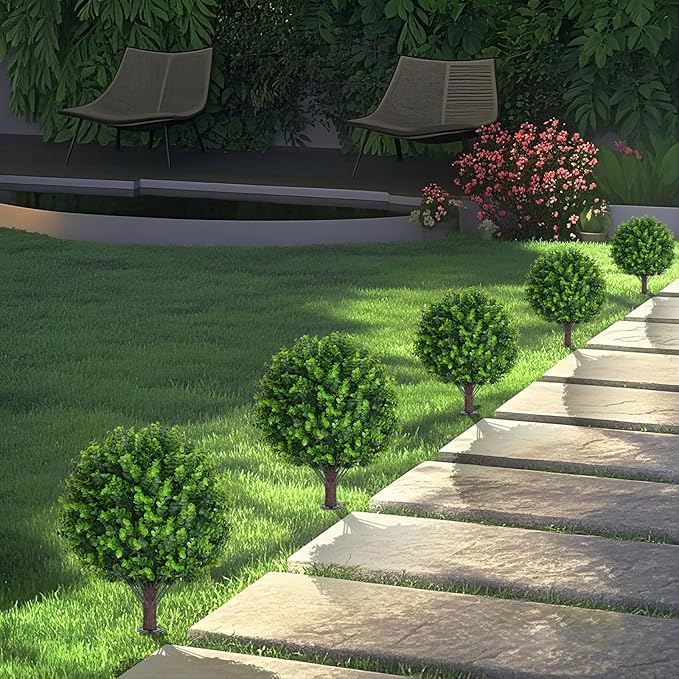 Artificial Topiary Tree with Eucalyptus, Set of 2 Artificial Shrub Bushes with Ground Spike, Fake Evergreen Tree for Porch, Artificial Plants for Outdoor Planters Indoor UV Resistant FEELTHENEWWORLD
