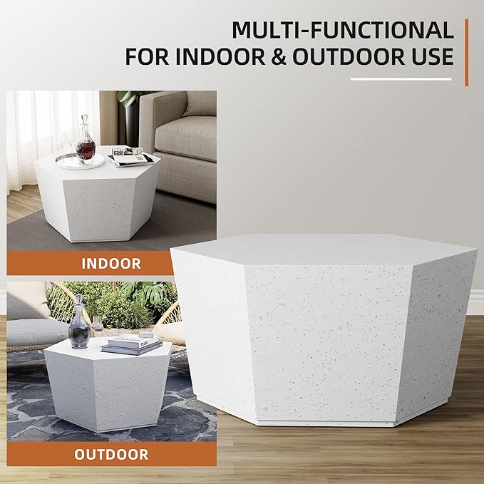 UPHA Outdoor Hexagon Coffee Table, Small Modern Minimalist Accent Tables, Low Light Concrete Center Table for Living Room, Outside Patio, Deck, 28×24.2×15.4, Off-White UPHA