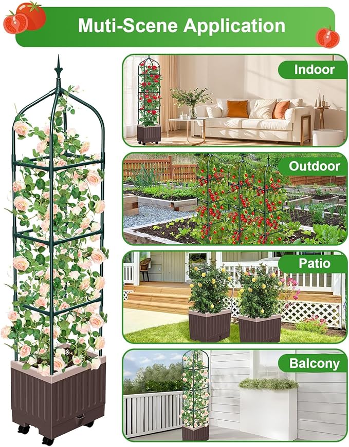 Raised Garden Bed Planter Boxes with Trellis,1pcs 70.9"Self-Watering Tomato Planter Boxes with Trellis for Climbing Vegetables Plants Flowers Tomato with Wheels,Use for Indoor Outdoor (Brown) MQHUAYU