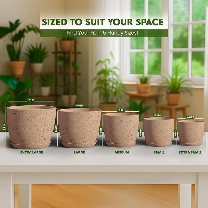 Utopia Home - Spotty Plant Pots Indoor with Drainage - 7/6.6/6/5.3/4.8 Inches Flower Pots - 5 Pack Plastic Planters - Ideal for Stocking Stuffers - (Speckled Peach Pink, Pack of 5) UTOPIAHOME