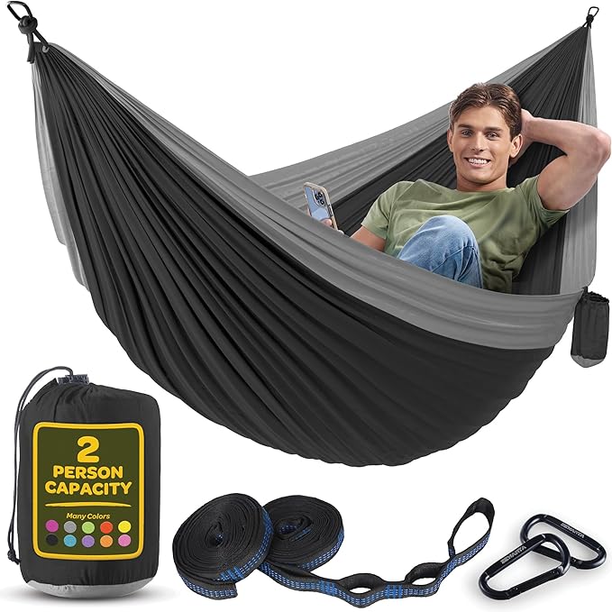 Durable Hammock 500 lb Capacity, Nylon Camping Hammock Chair - Double or Single Sizes w/Tree Straps and Attached Carry Bag - Portable for Travel/Backpacking/Beach/Backyard (Large, Black & Light Grey) Sewanta