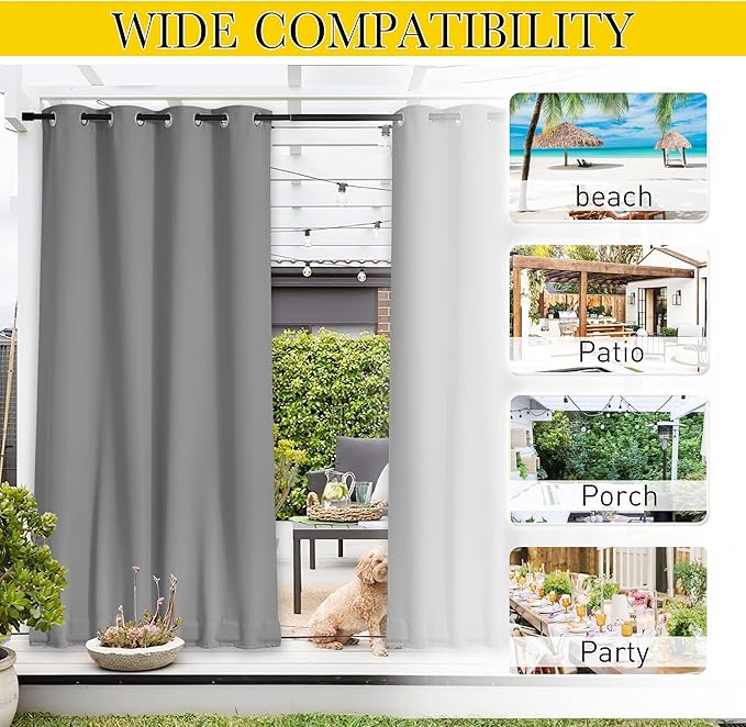 NICETOWN 2 Panels Weighted Outdoor Curtains for Patio Waterproof, Thermal Insulated Grommet & Back Tab on Top & Bottom Windproof Sun Blocking Draperies for Gazebo with Rope, Silver Grey, W66 x L84 NICETOWN