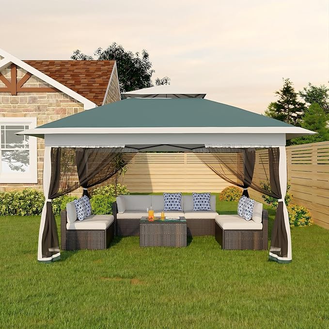 Canopy Tent 13x13 ft, Pop Up Gazebo One-Push Setup with 4 SandBags for Backyard Parties and BBQs, Mosquito Netting & Height Adjustable - Green GarveeLife