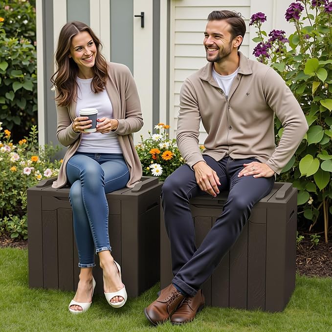 Greesum 31 Gallon Deck Box for Outside, All Weather Outdoor Storage Boxes for Patio Furniture Set, Package Delivery Box, Garden Tools, Brown(Set of 2) BuynowfromGreesum