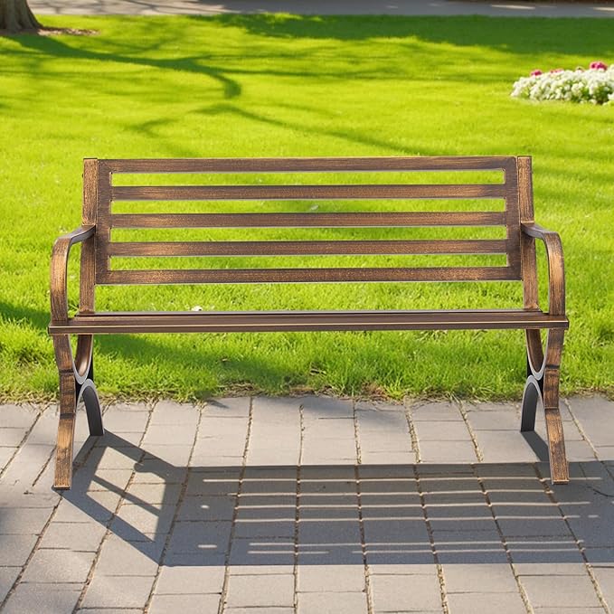 VEVOR Outdoor Bench, 50 inch, Carbon Steel Metal Frame with Slatted Pattern Backrest and Round Edge Armrests, Weatherproof Outside Bench for Patio, Garden, Park, Yard, Front Porch, Antique Bronze VEVOR