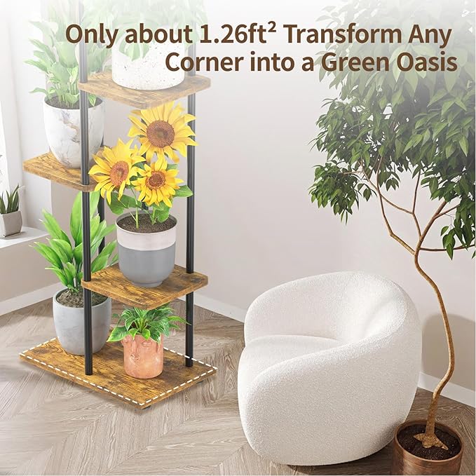 LASZOLA Black 5 Tier Wood Tall Plant Stand Indoor with Grow Lights, Large Heavy Duty Vertical Corner Rack for Multiple Planter, Sturdy Metal Rustic High Flower Shelf Holder Organizer for House Patio LASZOLA