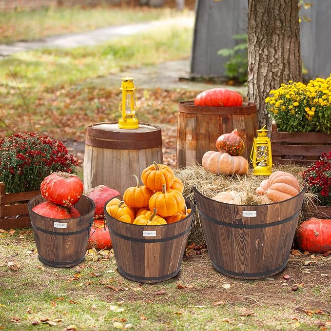 VINGLI 3 PCS Large Wooden Planter Barrel Set, 11.5"(Dia)- 18"(Dia) Real Wood Indoor/Outdoor Flower Pot w/Drainage Holes, Different Sizes, Large Garden Container Box VINGLI