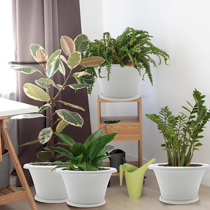 Quarut 12 Inch Plant Pot,4 Pack Large pots for Plants,Flower Pots with Drainage Hole & Saucer,Modern Planters for Indoor Outdoor Plants,Decorative Resin Garden Pots,White Quarut