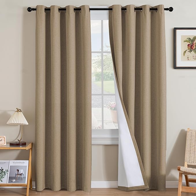 H.VERSAILTEX Linen Curtains 100% Blackout Curtains for Bedroom 84 inch Long Full Light Blocking Nature Linen Blended Window Curtains for Living Room Nickel Grommet (2 Panels, Heathered Macchiato) HVERSAILTEX