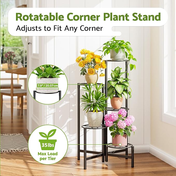 Plant Stand 5 Tier Indoor Metal Flower Shelf for Multiple Plants Corner Tall Flower Holders for Patio Garden Living Room Balcony Bedroom Black Diamond Rootora