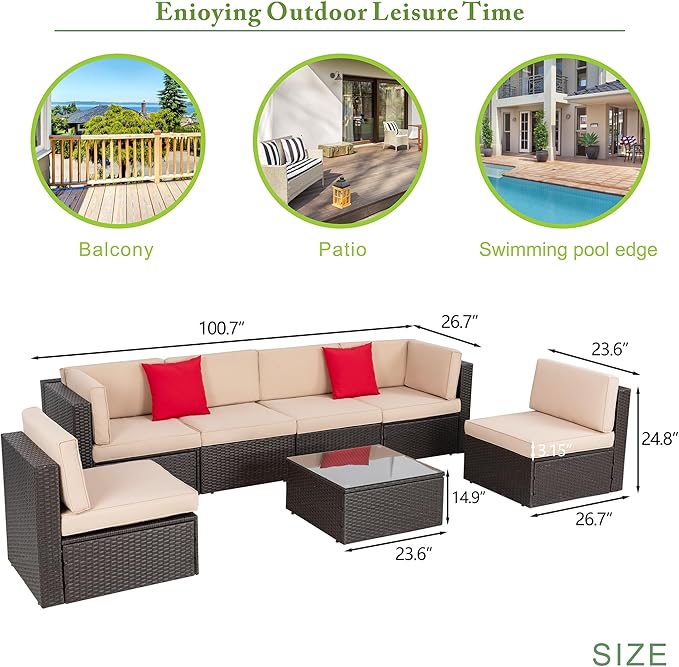 Vongrasig 7 Pieces Patio Furniture Sets, Outdoor Patio Conversation Set PE Rattan Wicker Sectional Sofa Couch with Glass Coffee Table for Garden, Poolside, Backyard, Beige Vongrasig