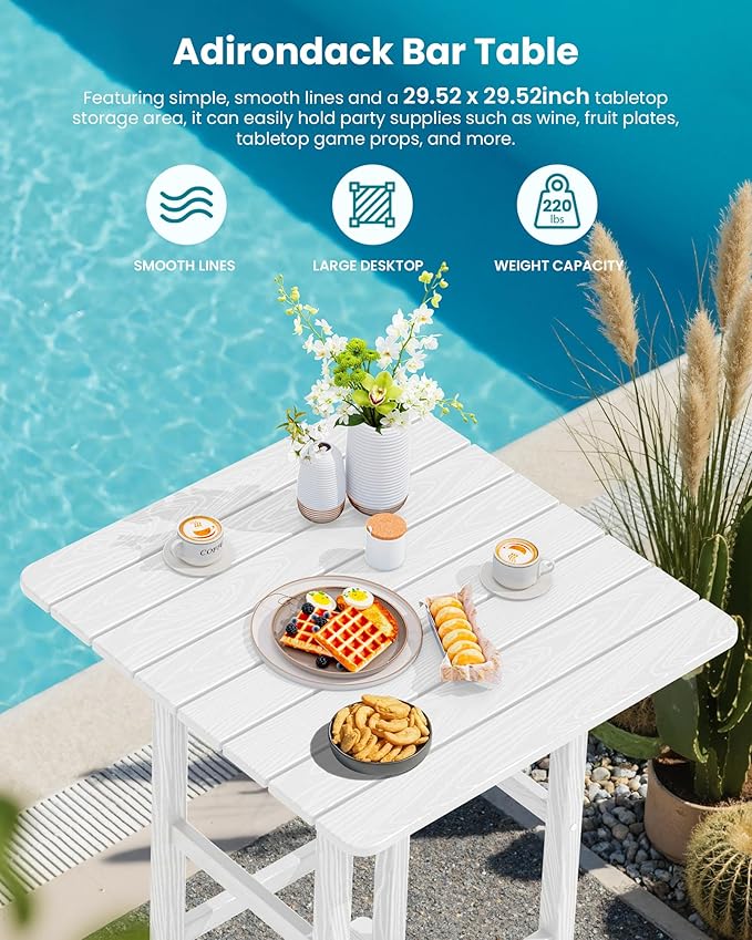 SERWALL 5 Pieces Adirondack Bar Chairs Set, HDPE Adirondack Barstools Chairs with Bar Pub Table, Outdoor Patio Bar Furniture Set for Bistro, Balcony, Poolside, Garden, White SERWALL