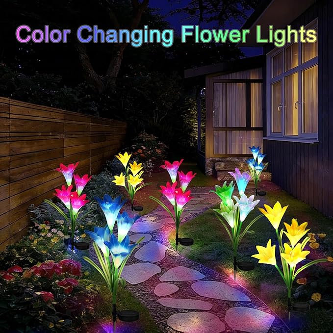echosari 4 Pack Color Changing Solar Lights Outdoor Waterproof, Solar Lily Flower Stake Lights Auto ON/Off Solar Garden Lights for Lawn Pathway Landscape Garden Gifts for Mom Women Grandma echosari