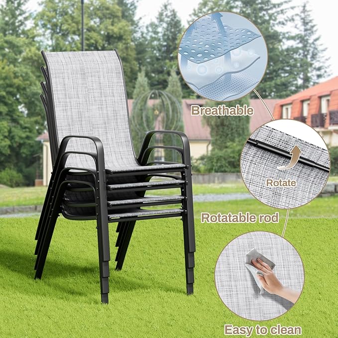 TLSUNNY Patio Dining Set 5 Pieces, All Weather Outdoor Furniture W/30"X 30" Table and 4 Stackable Textilene Chairs, Metal Table and Chairs for Lawn, Garden, Poolside, Backyard (Umbrella not Included) TLSUNNY