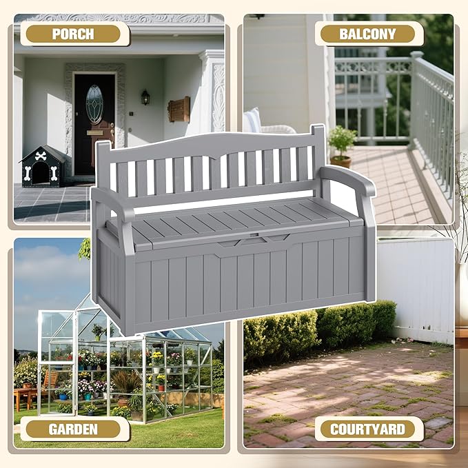 80-Gallon Outdoor Storage Bench, Waterproof Deck Box with Lockable Lid & Armrests for Patio, Garden, Pool, Gray Acurax