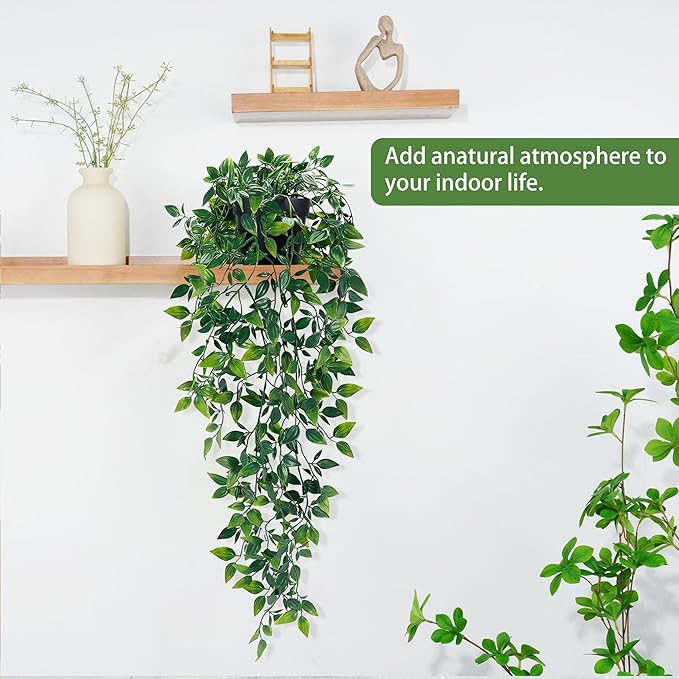Waipfaru 2Pcs Fake Hanging Plants with Pot Deep Green Eucalyptus Leaves UV Resistant Fake Vines Ivy Artificial Plants Outdoor Faux Plants Indoor Bedroom Living Room Boho Wall Porch Shelf Decor Waipfaru