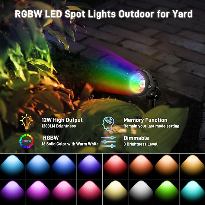Halloween Christmas Outdoor Spotlights,12W RGBW Colors Changing Landscape Spotlight with Remote Control, IP65 Waterproof 110V Plug in LED Spotlight Outdoor with US Plug for Yard Garden House (8Pack) UPONELED