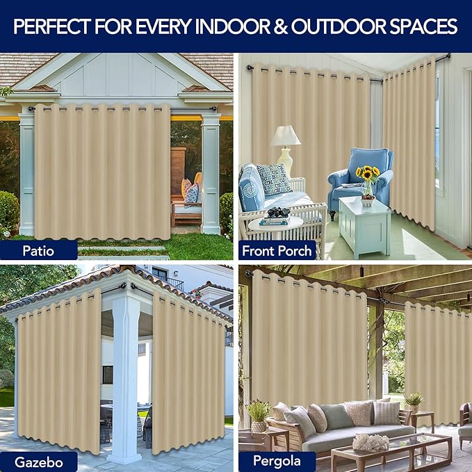 PureFit Outdoor Curtains for Patio Waterproof Weatherproof, UV Resistant Outside Curtains for Gazebo, Front Porch, Pergola, Sun Blocking Privacy Curtain, 150W x 95L inch, 1 Panel, Beige PureFit