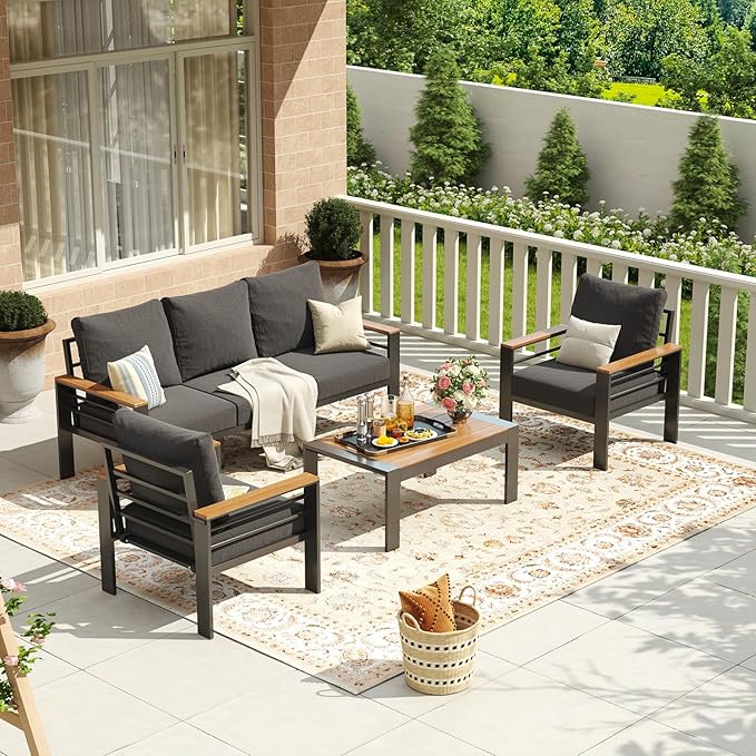 Aoxun Aluminum Patio Furniture Set 5 Seats, Oversized Outdoor Sectional with Washable Thick Cushions, Coffee Table, Patio Conversation Sets for Porch, Balcony, Deck Aoxun