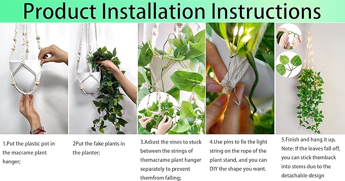 2 Packs Fake Hanging Plant with lights Artificial Plants with Pots for Home Decor Macrame Plant Hanger with Faux Vines Greenery for Bedroom Bathroom Room Ceiling Wall Boho Decor Indoor Outdoor Comtelek
