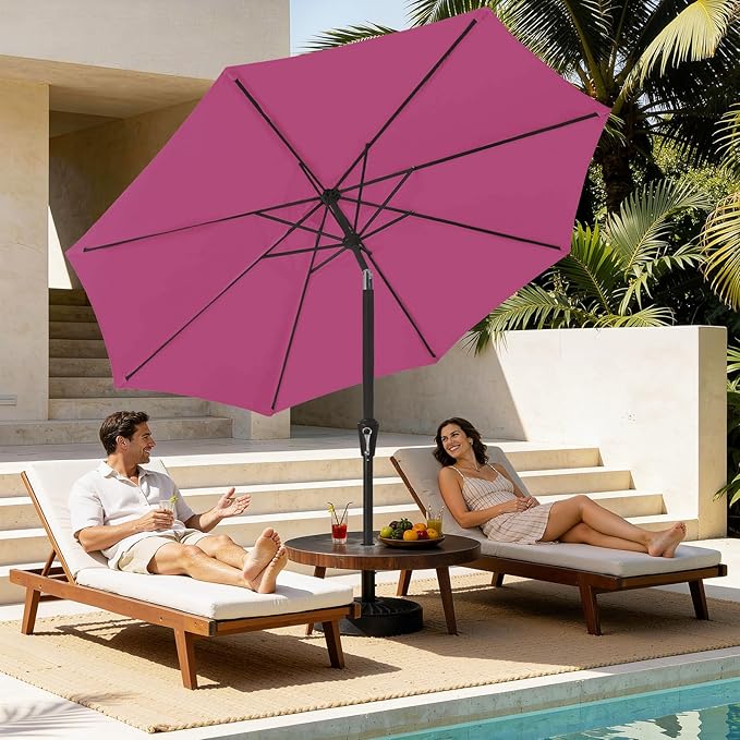 MEWAY 9ft Patio Umbrella Outdoor Table Umbrellas with Push Button Tilt and Crank, Market Umbrella 8 Sturdy Ribs for Deck, Garden, Pool and Backyard, Pink MEWAY