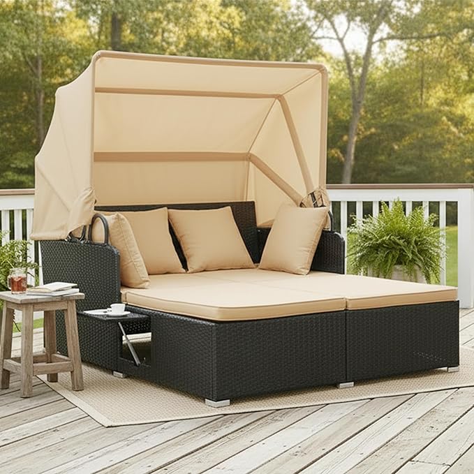 Tangkula Patio Rattan Daybed with Retractable Canopy, Outdoor Wicker Sunbed Lounger with 2 Foldable Side Tables, Thick Seat & Back Cushions, Outside Double Daybed for Garden, Backyard, Porch TANGKULA
