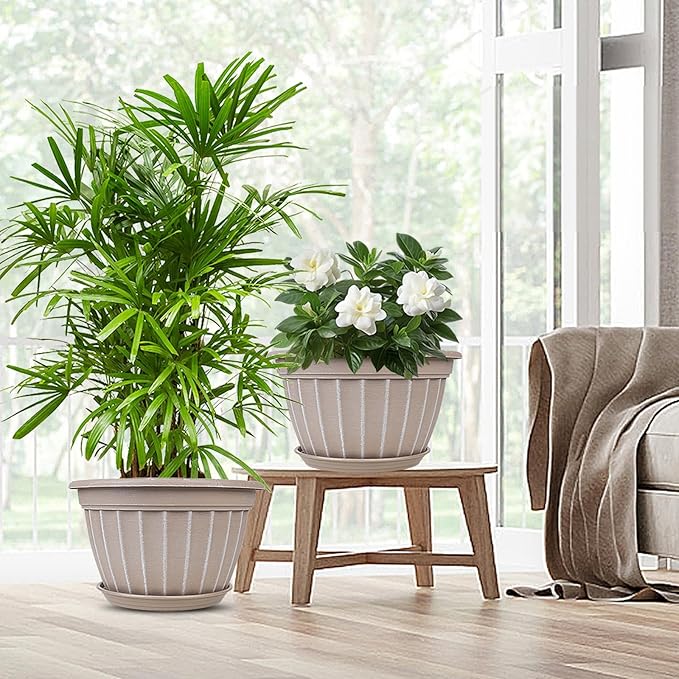 FGstyle 4 Pack 16 inch Plant Pots, Retro Vertical Stripe Planters with Drainage Holes and Saucer, Sturdy Plastic Garden Flower Pots for Indoor & Outdoor Plants(Beige) FGstyle