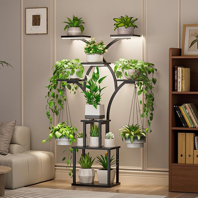 Elbourn Plant Stand Indoor with Grow Lights - 60" Tall Metal Plant Shelf for Multiple Plants, 8 Tiered Corner Plant Stands for Indoor Plants, X - Shaped Decorative Rack for Home, Living Room & Patio Decor (Black) Elbourn