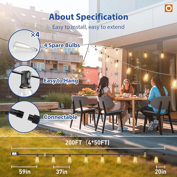 addlon 200FT(50FT*4) LED Outdoor Lights Waterproof Patio Lights with 64 Shatterproof ST38 Replaceable Bulbs(4 Spare), Dimmable Outside Hanging Light Connectable for Porch, Backyard addlon